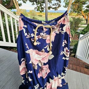 Navy floral romper with pockets & gold Egyptian rope tie small